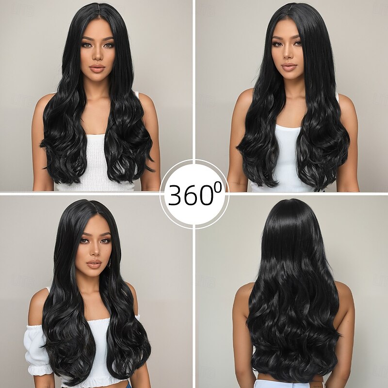 Synthetic Wig Wavy Loose Curl Layered Haircut Deep Parting Machine Made Wig 24 inch A1 Synthetic Hair Women's Classic Comfortable Highlighted / Balayage Hair Black4