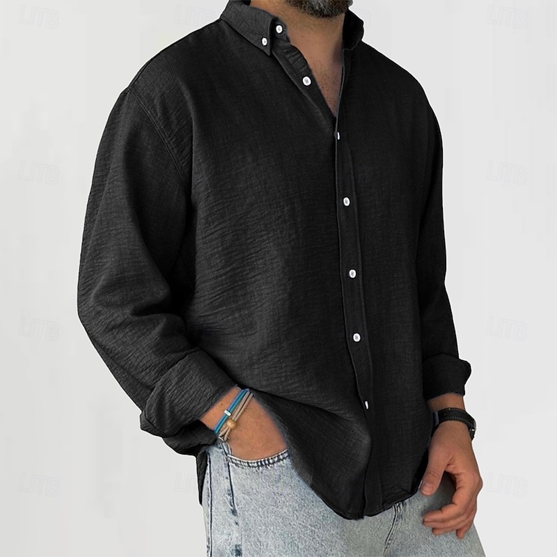 Men's Cotton Linen Shirt Plain Vacation Daily Wear Black White Pink Royal Blue Long Sleeve Shirt Collar Spring &  Fall Clothing Apparel Button-Down