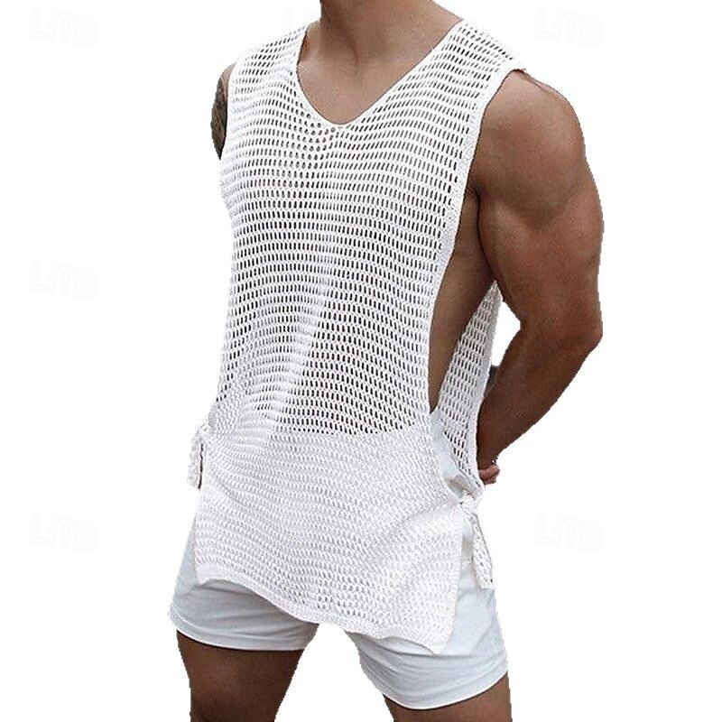 Men's Tank Top Vest Top Undershirt Sleeveless Shirt Sleeveless V Neck Summer Plain Fashion Designer Hole Vacation Street Going out White Beige Top Tee for Men4