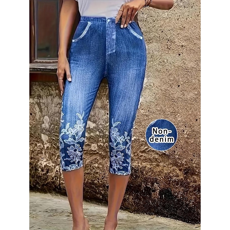 Women's Leggings Capri Pants High Elasticity Vacation Vintage Fashion Calf-Length Mid Waist Floral Graphic Printing Breathable Soft  Vacation Casual Daily Robin's Egg Blue Summer Spring Regular Fit