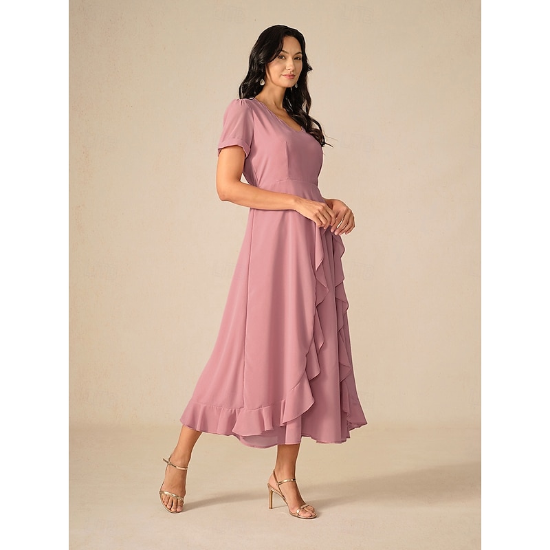 Women's Maxi Dress A Line Dress Elegant Formal Wedding Wedding Guest Loose Fit Solid Color Short Sleeve Asymmetrical V Neck Blush Pink Summer Spring3