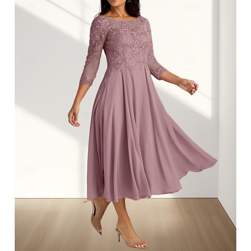 A-Line Mother of the Bride Dress Wedding Guest Elegant Crew Neck Tea Length Chiffon 3/4 Length Sleeve with Pleats Appliques Midi Dress3
