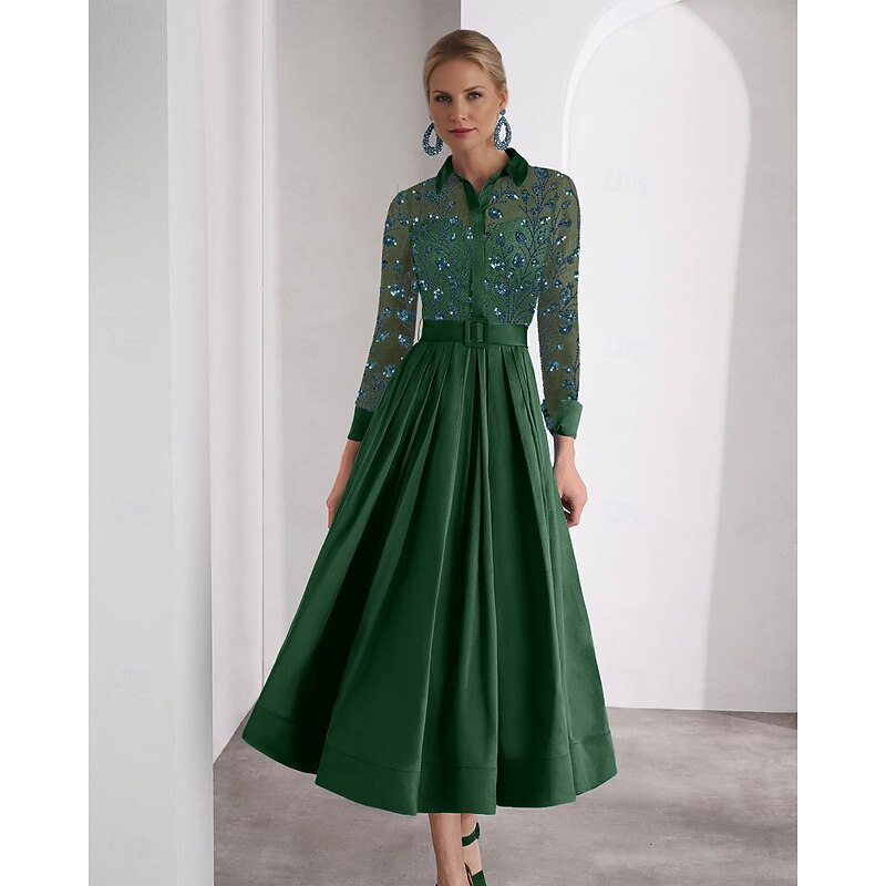 Embroidered A-Line Mother of the Bride Cocktail Dresses Elegant Formal Wedding Guest Ankle Length Long Sleeve Shirt Collar Satin with Glitter Slit4
