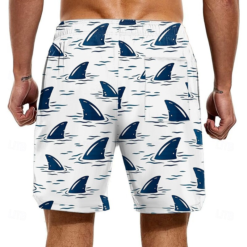 Men's Shark Funny Sea Creatures Lined Shorts 2 in 1 Board Shorts Swim Shorts Mid Waist Hawaiian Vacation Beach Wear Side Pockets With Compression Liner Elastic Drawstring Waist Designer Clothing2