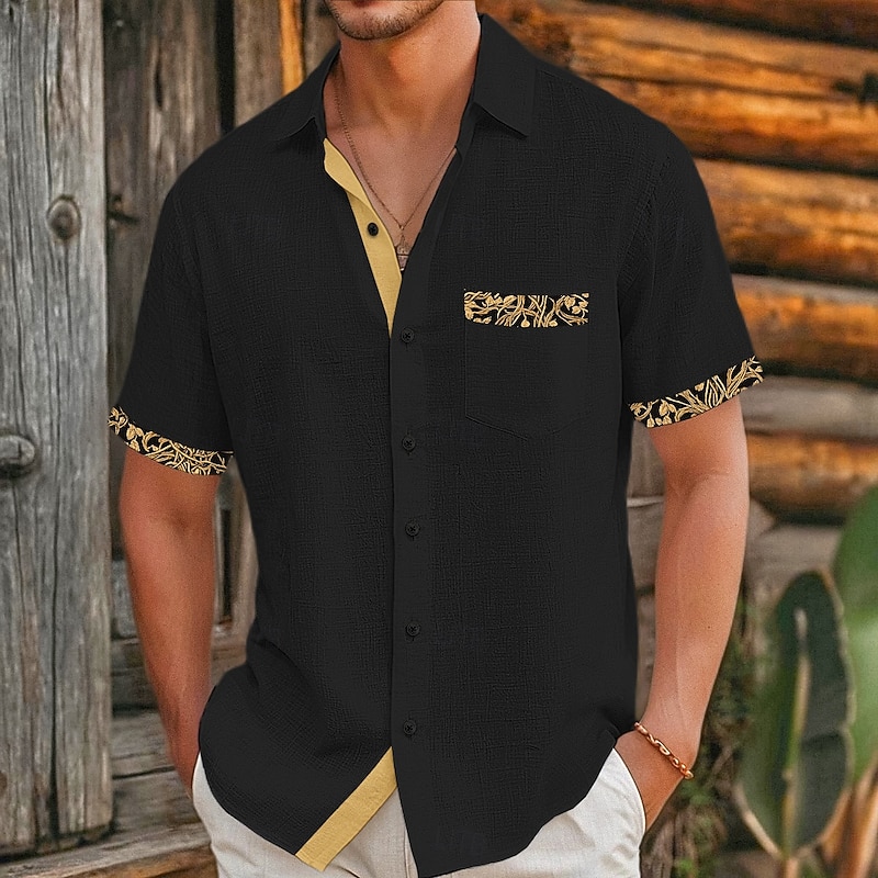 Men's Shirt Linen Shirt Viking Style Summer Shirt Beach Wear Button Up Shirt Solid Color Vacation Curise Black Navy Blue Short Sleeve Collar Summer Spring & Summer Clothing Apparel Color Block
