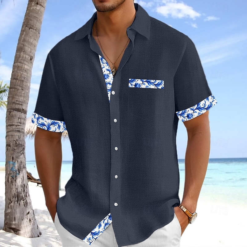 Men's Shirt Linen Shirt Summer Shirt Beach Shirt Plaid Vacation Holiday White Pink Navy Blue Light Blue Short Sleeve Collar Summer Clothing Apparel2