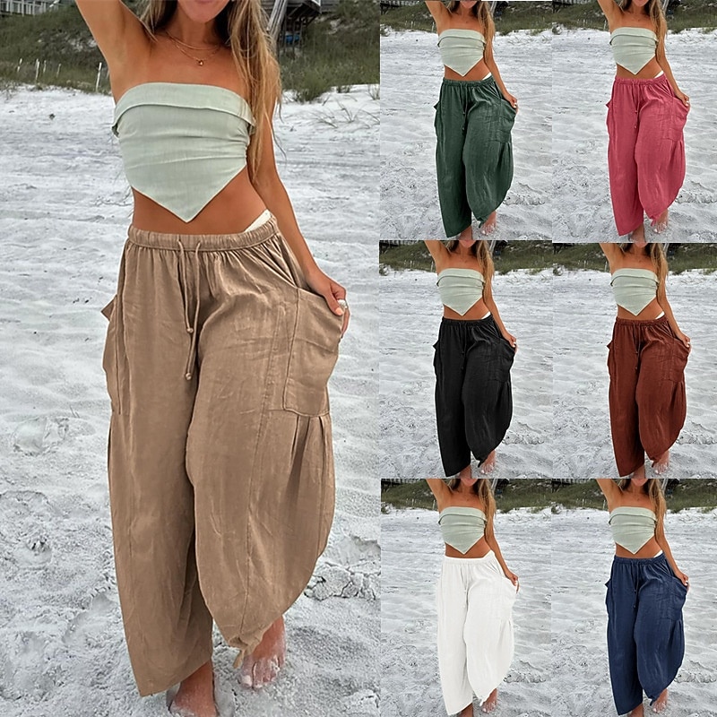 Women's Cotton Linen Pants Slacks Fashion Streetwear Full Length Natural Plain Pocket Elastic Drawstring Design Comfy Outdoor Comfortable Outdoor Vacation Going out Apricot Grey Navy Black Summer