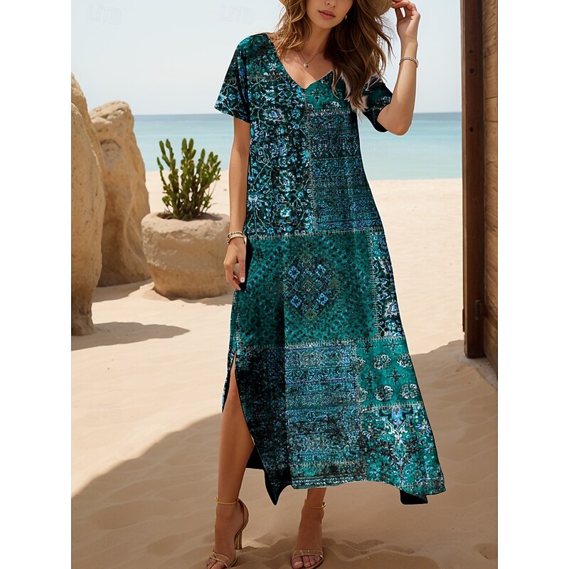 Women's Midi Dress Sundress A Line Dress Summer Dress Vacation Casual Loose Fit Floral Graphic Abstract Short Sleeve V Neck Yellow Red Blue Purple Summer Spring Fall4