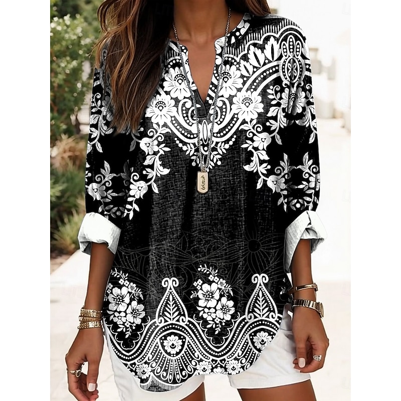 Women's Blouse Tunic V Neck Long Sleeve Boho Casual Graphic Geometric Elegant Daily Regular Tops Daily Print Black Yellow Red Blue Gold