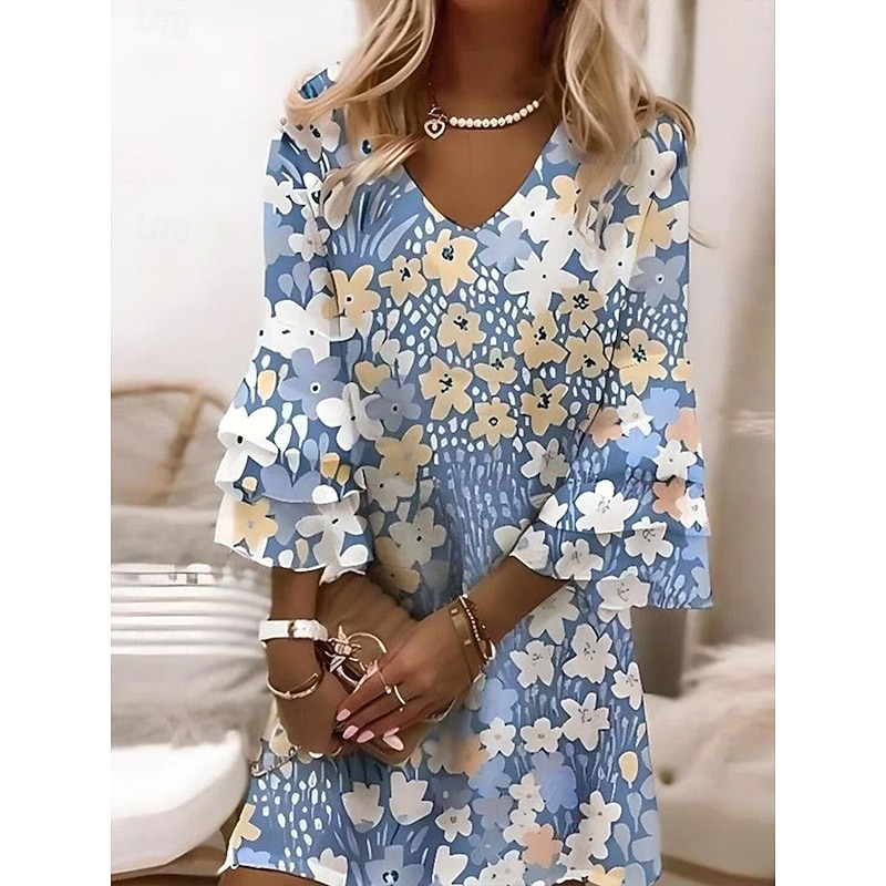 Women's Mini Dress Sundress A Line Dress Vacation Casual Boho Beach Regular Fit Ombre Floral Graphic 3/4 Length Sleeve V Neck Colourful Pink Sky Blue Ink Blue Summer Spring4
