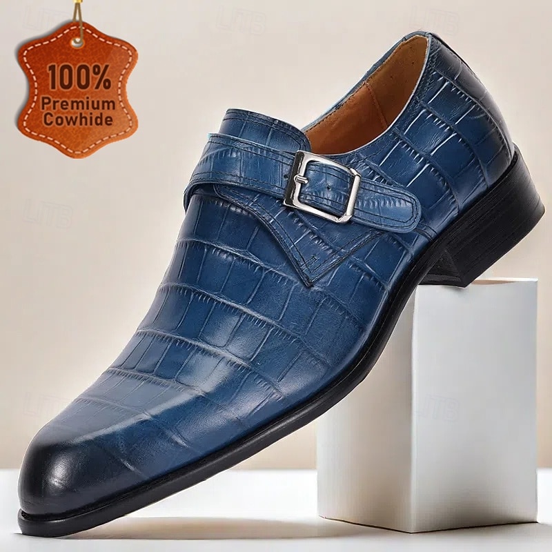 Men's Navy Blue Crocodile Pattern Leather Monk Shoes – Sophisticated Buckled Dress Shoes for Prom and Formal Events