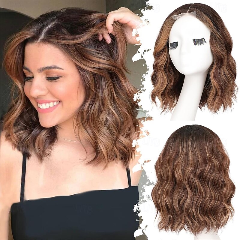 Brown Highlight Short Wavy Wig for Women Bob Style Synthetic Heat Resistant - Natural Appearance for Everyday Hairstyle 14 Inch2
