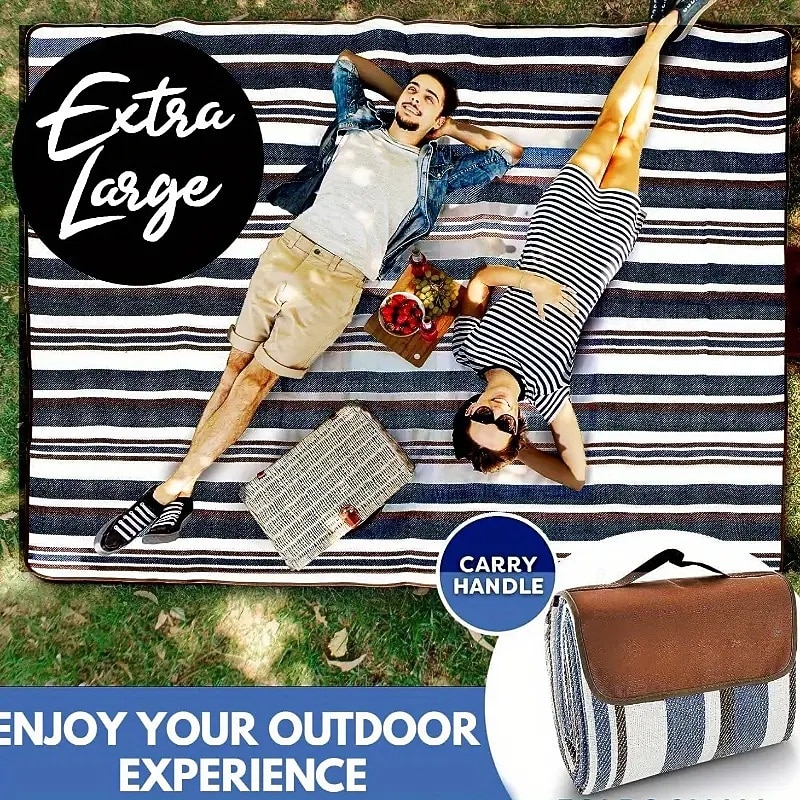 Nylon Picnic Blanket with Tote Bag - Blue and White Striped Design Durable Outdoor Mat Suitable for Beach Camping and All-Season Picnic Mats