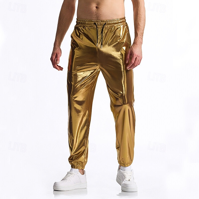 Retro Vintage 1980s Ankle Length Pants Joggers Disco Shiny Latex Patent Metallic Fancy Dress Men's Halloween Carnival Pride Parade Pride Month Adults' Pants All Seasons