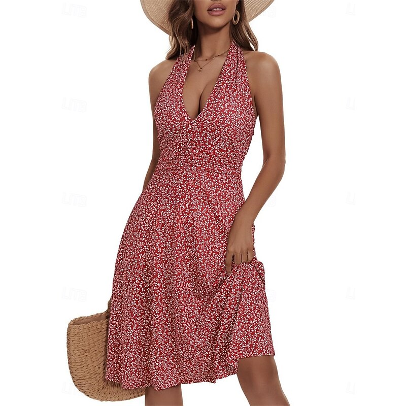 Women's Mini Dress A Line Dress Halter Dress Vacation Casual Boho Outdoor Going out Beach Regular Fit Floral Sleeveless Halter Neck Yellow Red Blue Green Summer2