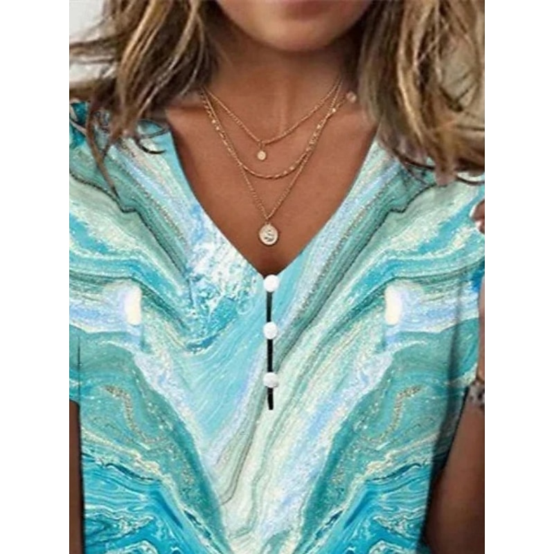 Women's Blouse Floral Marble Bohemia Vintage Casual Short Sleeve V Neck Regular Tops Daily Buttons Print Red Blue Orange Gray Summer2