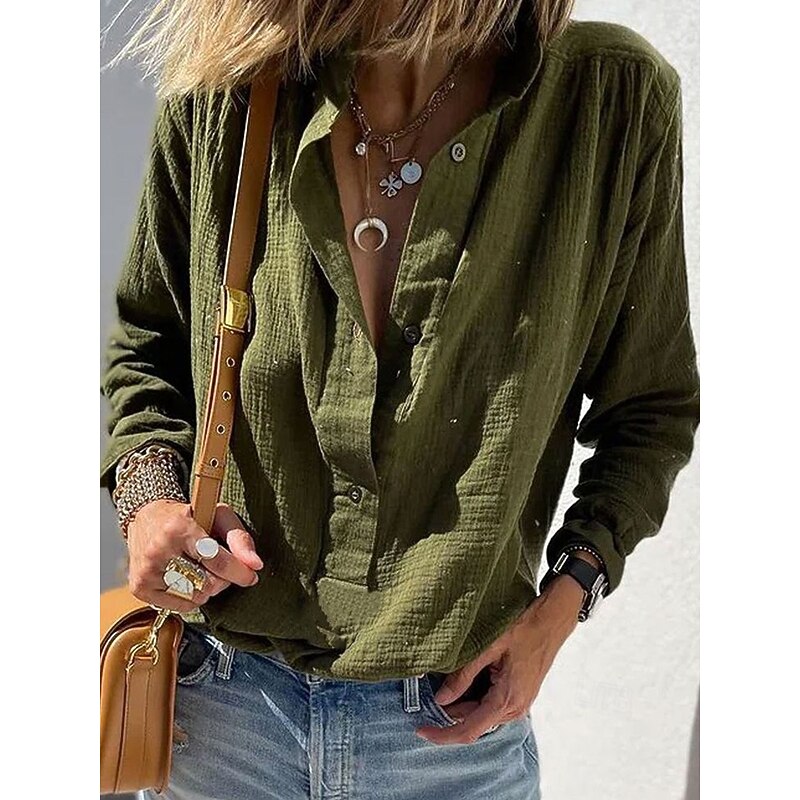 Women's Shirt Blouse Plain Casual Long Sleeve Shirt Collar Regular Tops Daily Ruched Buttons Black Wine Blue Green Khaki Summer Spring Fall4