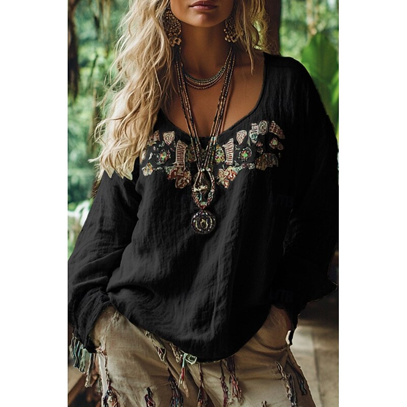 Women's Western Blouse Boho Shirt Blouse Flower Modern Casual Boho Long Sleeve V Neck Regular Tops Holiday Going out Print Black Wine Blue Apricot Summer