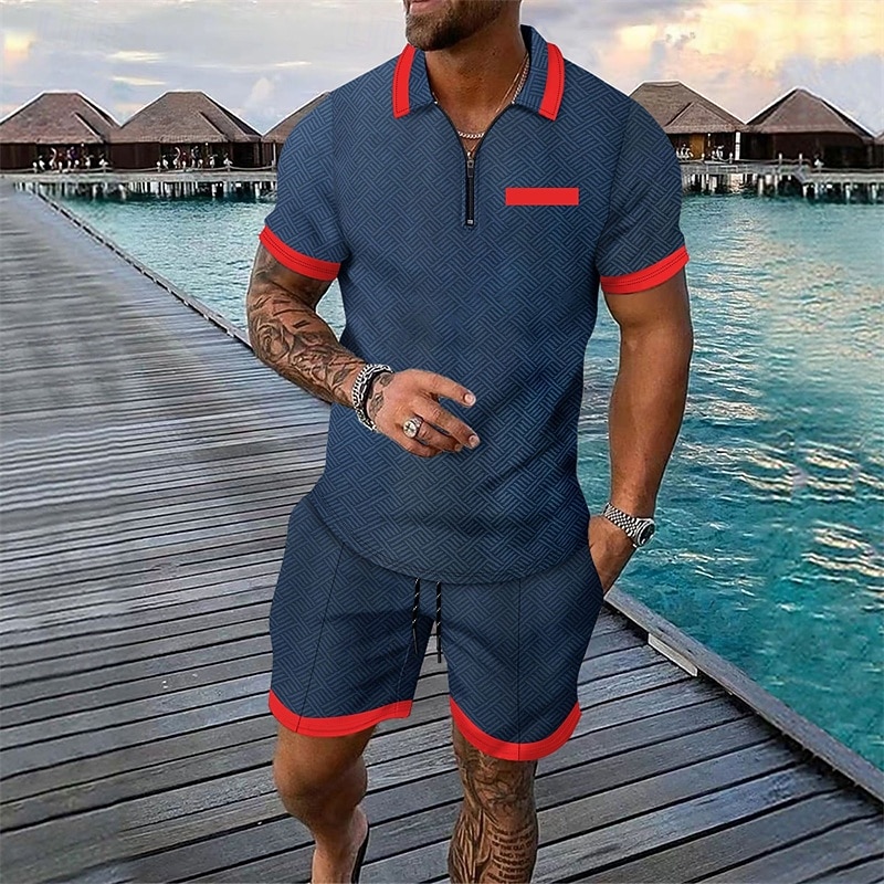 Men's Quarter Zip Polo Golf Shirt Daily Holiday Lapel Short Sleeve Fashion Basic Color Block Print 2 Piece Summer Regular Fit Navy Blue Quarter Zip Polo