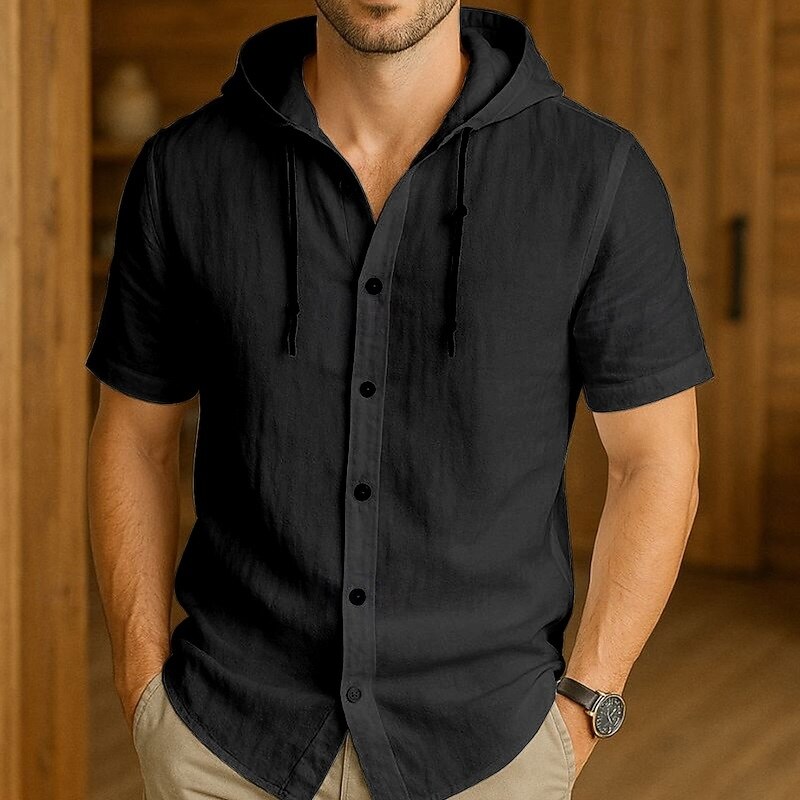 Men's Button Up Shirt Hooded Shirt Black White khaki Gray Light Blue Short Sleeve Solid / Plain Color Hooded Vacation Casual Hooded Clothing Apparel Polyester Fashion2