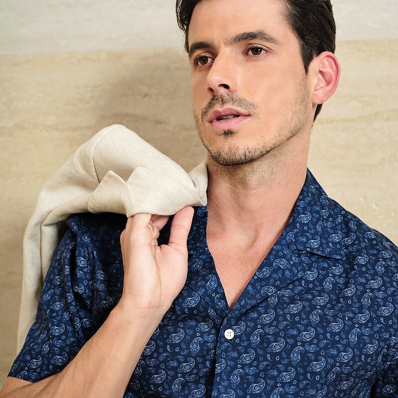 Men's Paisley Shirt Casual Shirt Camp Collar Shirt Long Sleeve Vintage Hawaiian Artistic School Performance Wedding Summer Spring Cuban Collar Button Up Navy Blue4