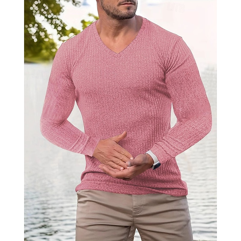 Men's T Shirt Henley Shirt Tee Short Sleeve Shirt Long Sleeve V Neck Spring &  Fall Plain Fashion Designer Basic Plain Vacation Street Going out Black Pink Light Blue Top Tee for Men