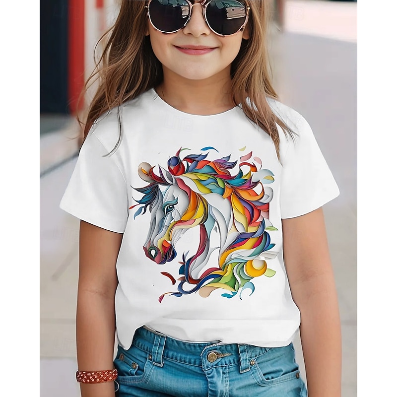 100% Cotton Kids Girls' 1 2 3 Horse T shirt Tee Crew Neck Short Sleeve Outdoor Vacation Daily Classic Casual Print Summer4