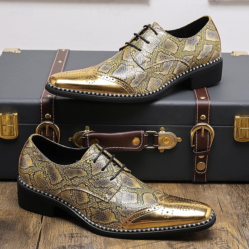 Men's Dress Shoes - Gold and Black Python Pattern with Rhinestone Detailing for Dance Parties and Special Events3