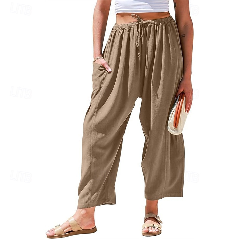 Women's Wide Leg Pants Trousers Vacation Fashion Full Length Mid Waist Plain Elastic Waist Breathable Comfortable Micro-elastic Street Daily Wear Going out Dark Brown Black White Army Green Summer