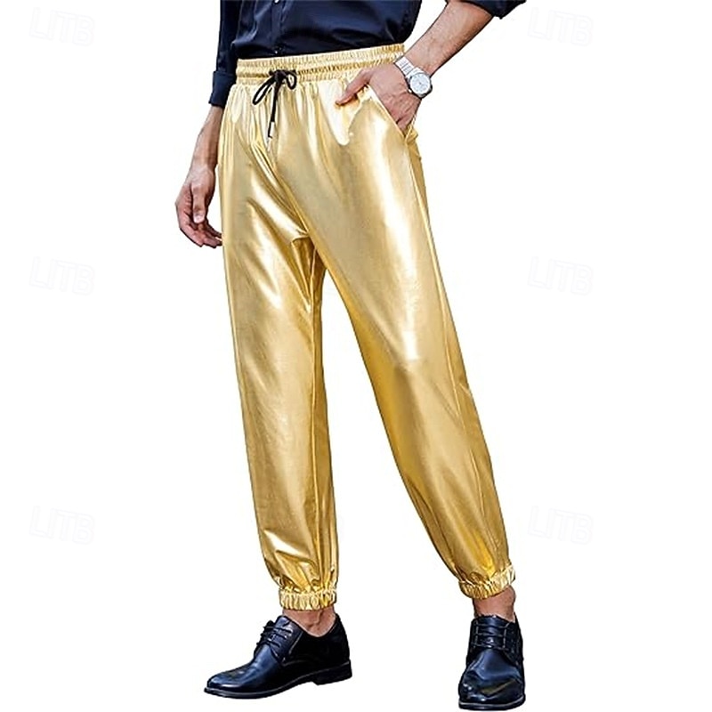 Retro Vintage 1980s Ankle Length Pants Joggers Disco Shiny Latex Patent Metallic Fancy Dress Men's Halloween Carnival Pride Parade Pride Month Adults Pants All Seasons