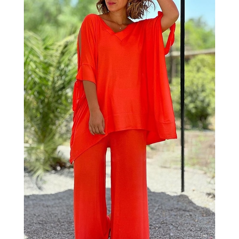 Women's Active Fashion Blouse Pants Sets Half Sleeve V Neck Solid Color Cut Out Holiday Casual Daily Black Blue Orange Summer Regular Fit