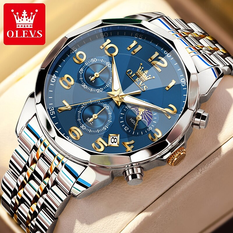 OLEVS 3676 Men's Business Quartz Watch, Stainless Steel, Waterproof, Moon Phase, Elegant Brand Timepiece3