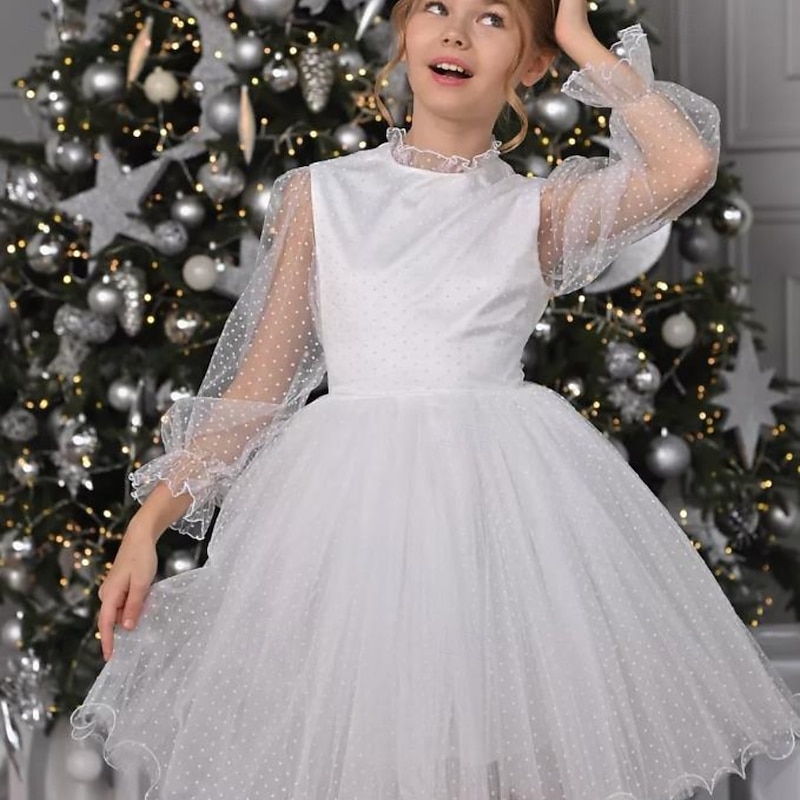 Kids Girls' Party Dress Solid Color Long Sleeve Performance Mesh Princess Sweet Mesh Mid-Calf Sheath Dress Tulle Dress Summer Spring Fall kids White