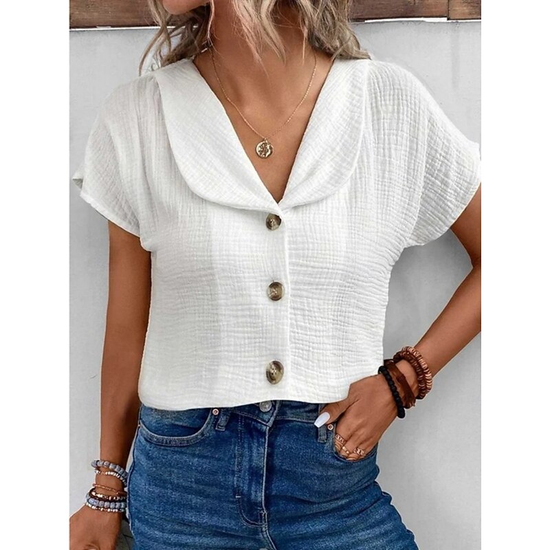 Women's Shirt Button Down Blouse Solid Color Daily Stylish Basic Short Sleeve Shirt Button Down Blouse Collar Regular Tops Daily Buttons White Pink Blue Apricot Summer3