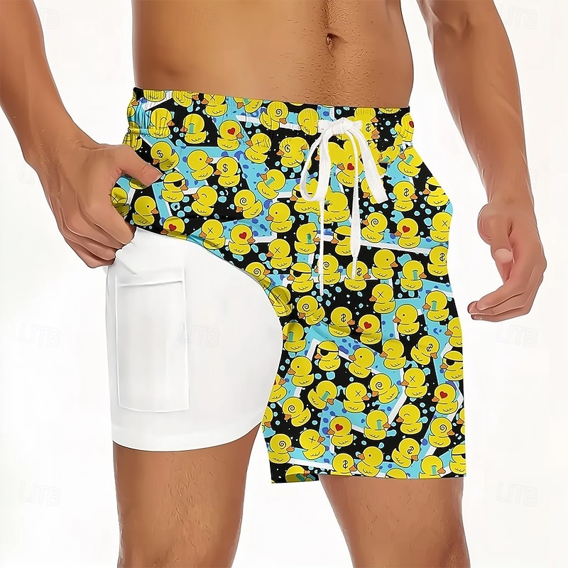 Men's Animal Funny Duck Lined Shorts 2 in 1 Board Shorts Swim Shorts Mid Waist Hawaiian Vacation Beach Wear Side Pockets With Compression Liner Elastic Drawstring Waist Designer Clothing Apparel3