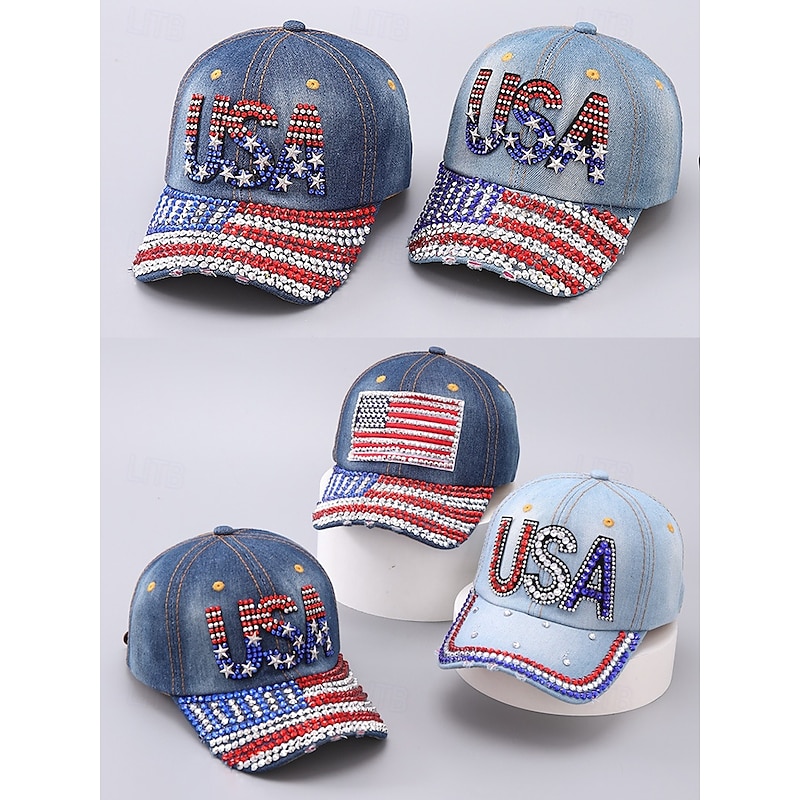 USA Rhinestone Denim Baseball Cap – Sparkly Patriotic American Flag Hat for Women and Men, Adjustable 4th of July Independence Day Outfit Accessory3