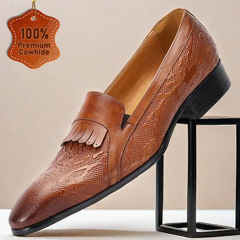 Men's Brown Embossed Leather Loafers with Fringe – Premium Cowhide Prom Shoes for Banquets and Parties