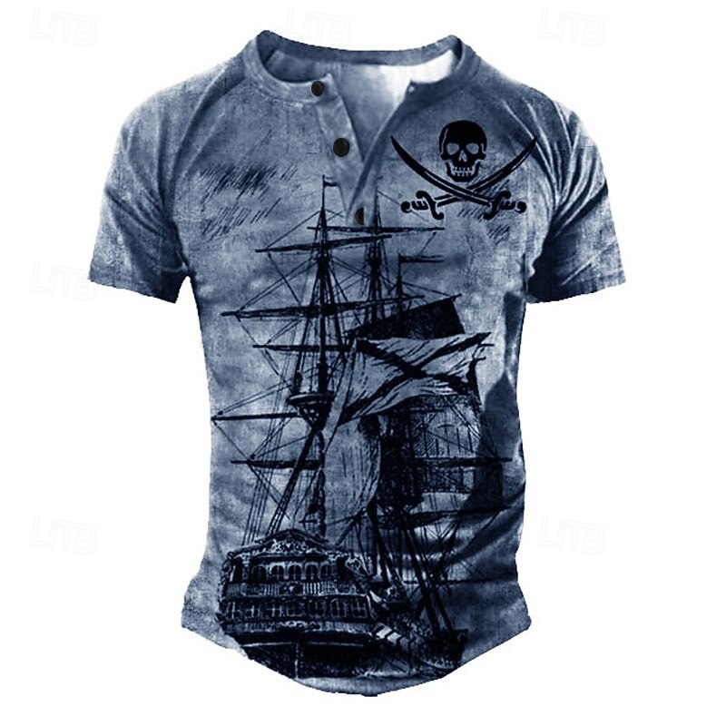 Men's T shirt Tee Henley Shirt Tee Graphic Skull Henley Yellow Blue Green Dark Gray 3D Print Sailboat Plus Size Outdoor Daily Patchwork Button-Down Clothing Apparel Designer Stylish Vintage Basic3
