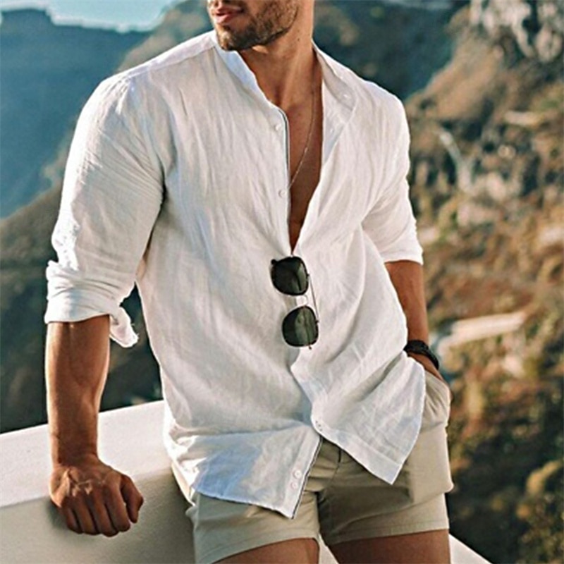 Men's Shirt Linen Shirt Band Collar Shirt Summer Shirt Beach Wear Button Up Shirt Solid Color Outdoor Vacation Black White Yellow Light Green Long Sleeve Collar Spring Fall Clothing Apparel2