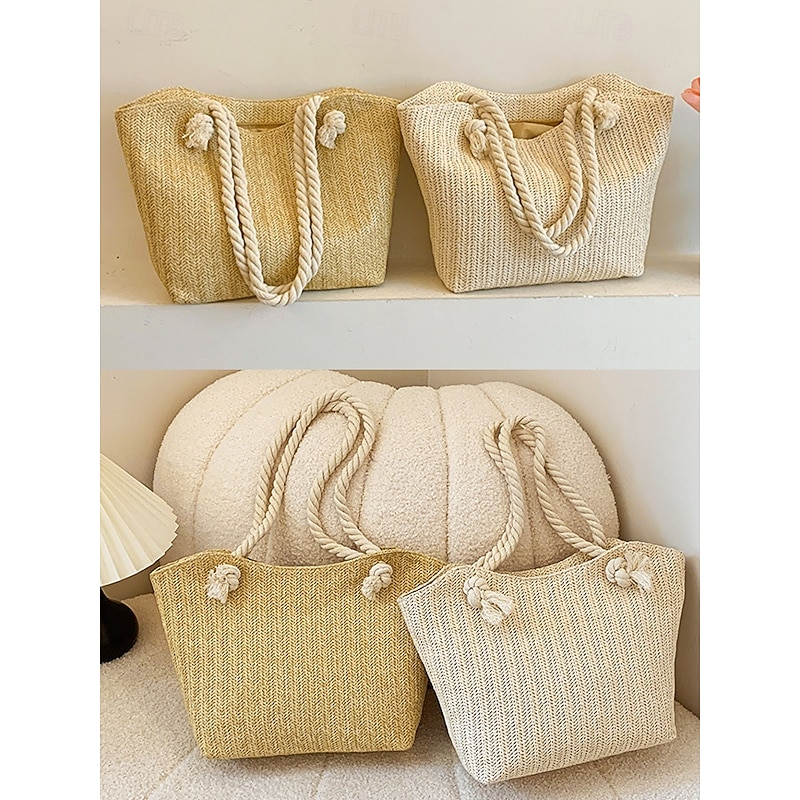 Women's Straw Beach Tote Bag with Rope Handles – Large Summer Handbag for Vacation, Pool, Travel and Casual Outfits Khaki Beige4