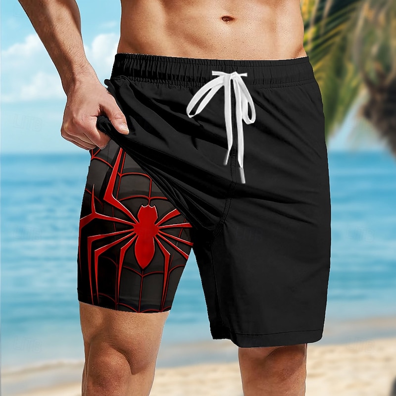 Men's Spider Gothic Halloween Costumes Lined Shorts 2 in 1 Board Shorts Swim Shorts Mid Waist Hawaiian Retro Vintage Holiday Streetwear Side Pockets With Compression Liner Elastic Drawstring Waist