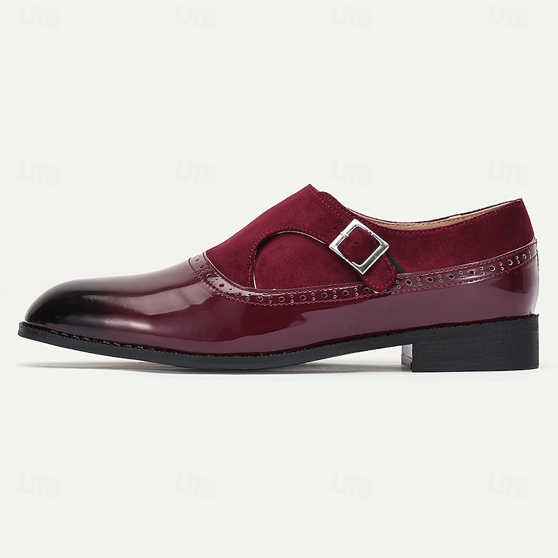 Men's Burgundy Patent Leather Monk Shoes with Buckle – Elegant Prom Shoes for Formal Events3