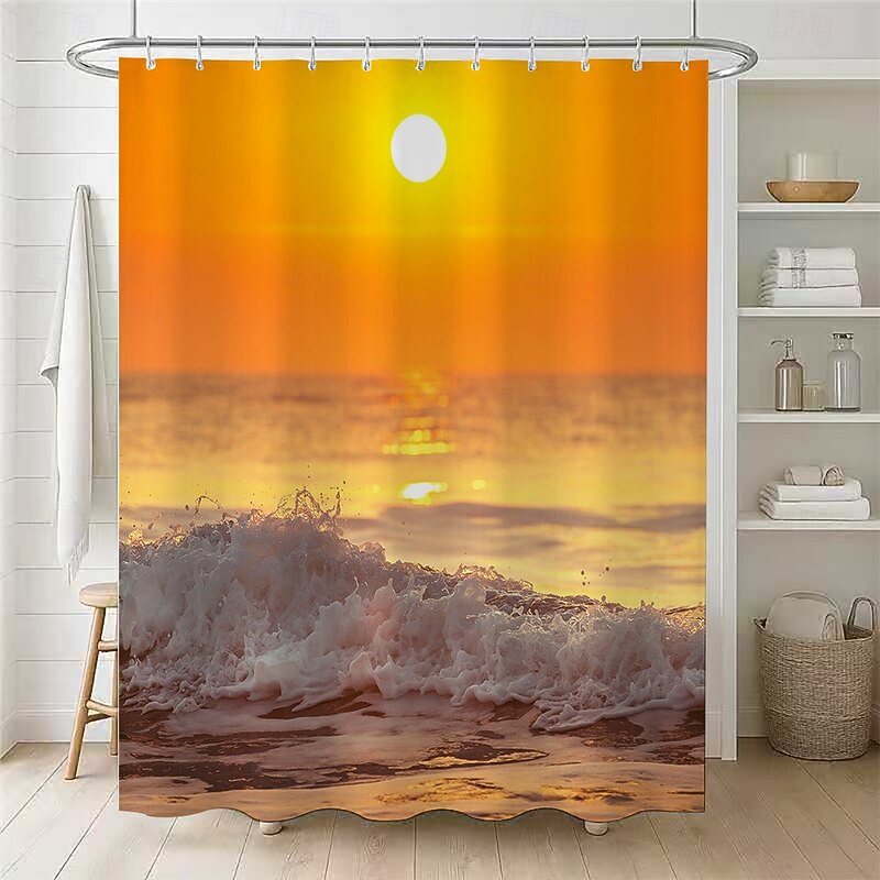 Shower Curtain with Hooks 180cm*180cm(70"*70") Polyester Washable Waterproof Sunrise Sunset Sea Seaside Coconut Tree Pattern2