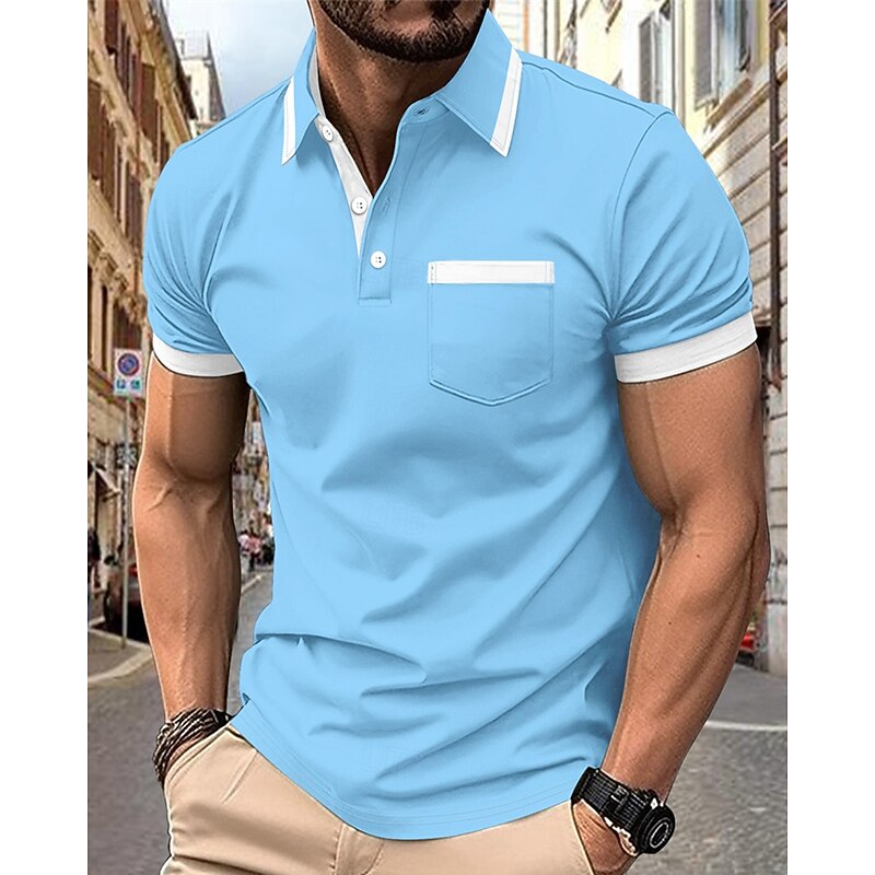 Men's Golf Shirt Golf Polos Shirts Work Casual Lapel Short Sleeve Basic Modern Color Block Patchwork Pocket Summer Regular Fit Black White Wine Navy Blue Sky Blue Brown Golf Shirt4