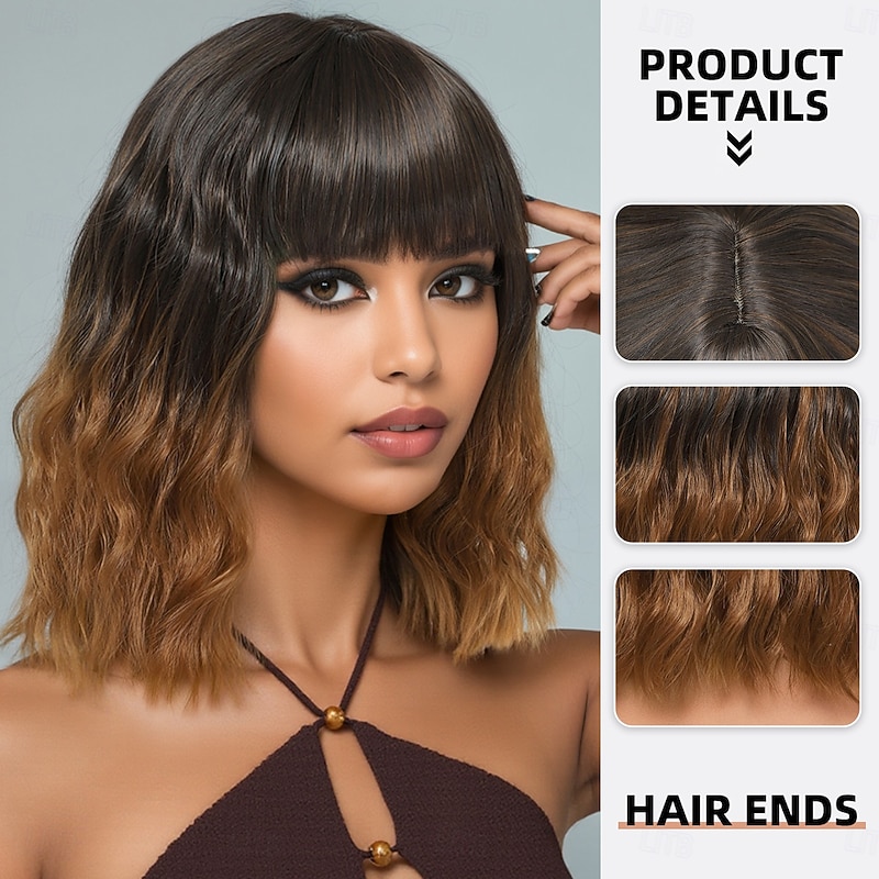 Synthetic Wig Curly Loose Curl Asymmetrical Neat Bang Machine Made Wig 16 inch A1 Synthetic Hair Women's Cute Classic Comfortable Dark Brown2