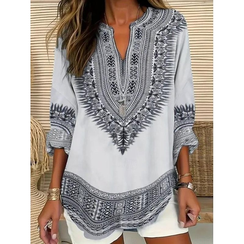 Women's Blouse Tunic V Neck Long Sleeve Boho Casual Graphic Geometric Paisley Elegant Bohemia Vintage Regular Tops Daily Print Black Blue Light Grey Beige3