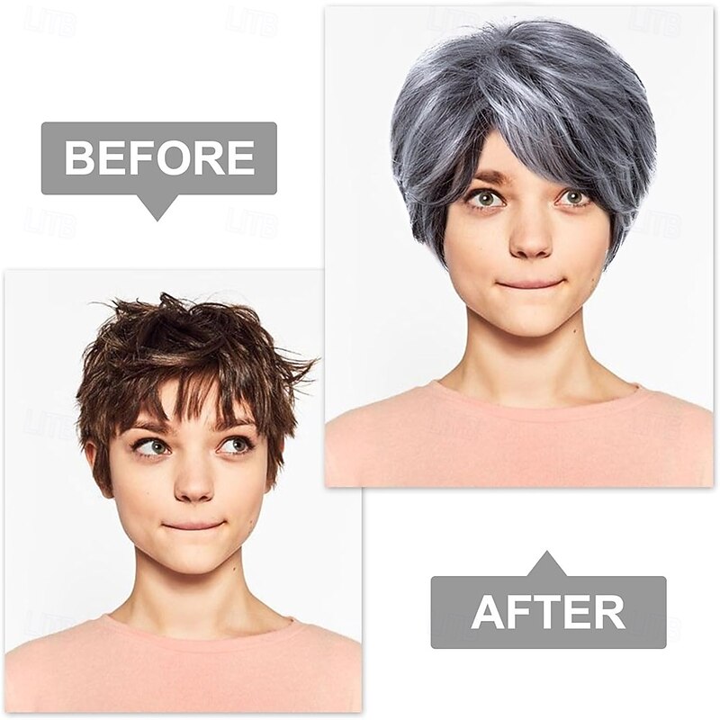 Short Fluffy Grey Wigs for Women Old Middle Age Women's Short Silver Wig Synthetic Short Curly Cosplay Hair Wig Grey Layered Messy Shaggy Synthetic Hair Wig for Women Old Lady3