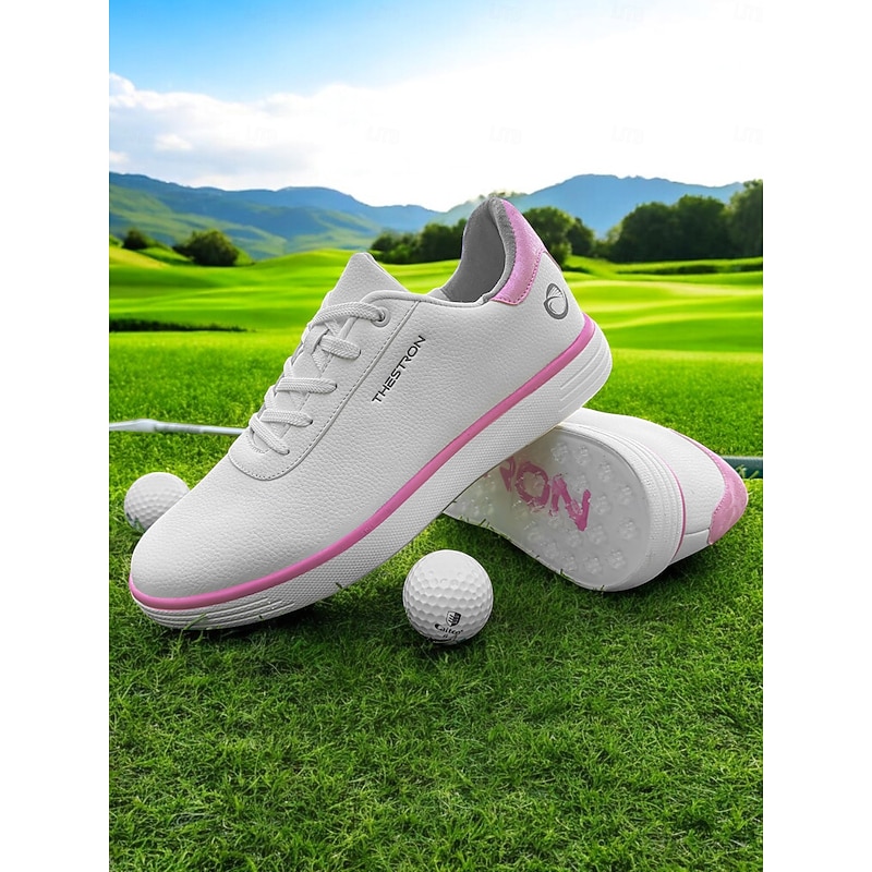 Women's Casual Lace-Up Golf Shoes | Lightweight Non-Slip Walking Sneakers for Female Golfers | Stylish Pink and White Design for Practice & Play3