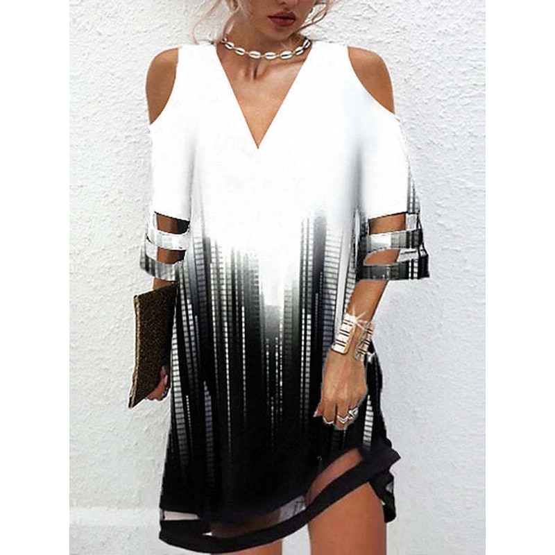Women's Mini Dress A Line Dress Off The Shoulder Dress Casual Outdoor Beach Regular Fit Ombre Floral Graphic Half Sleeve V Neck Black White Blue Purple Summer Spring3