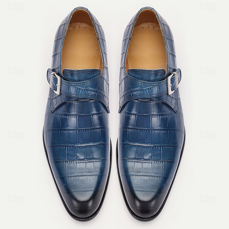 Men's Navy Blue Crocodile Pattern Leather Monk Shoes – Sophisticated Buckled Dress Shoes for Prom and Formal Events4